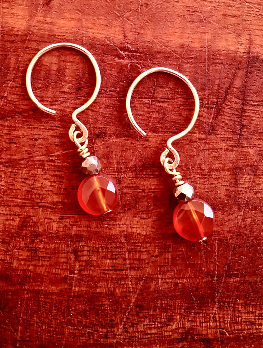 Red Carnelian and Pyrite Drop Earrings in 14k Gold Filled Simple Modern Minimal Clean Colorful