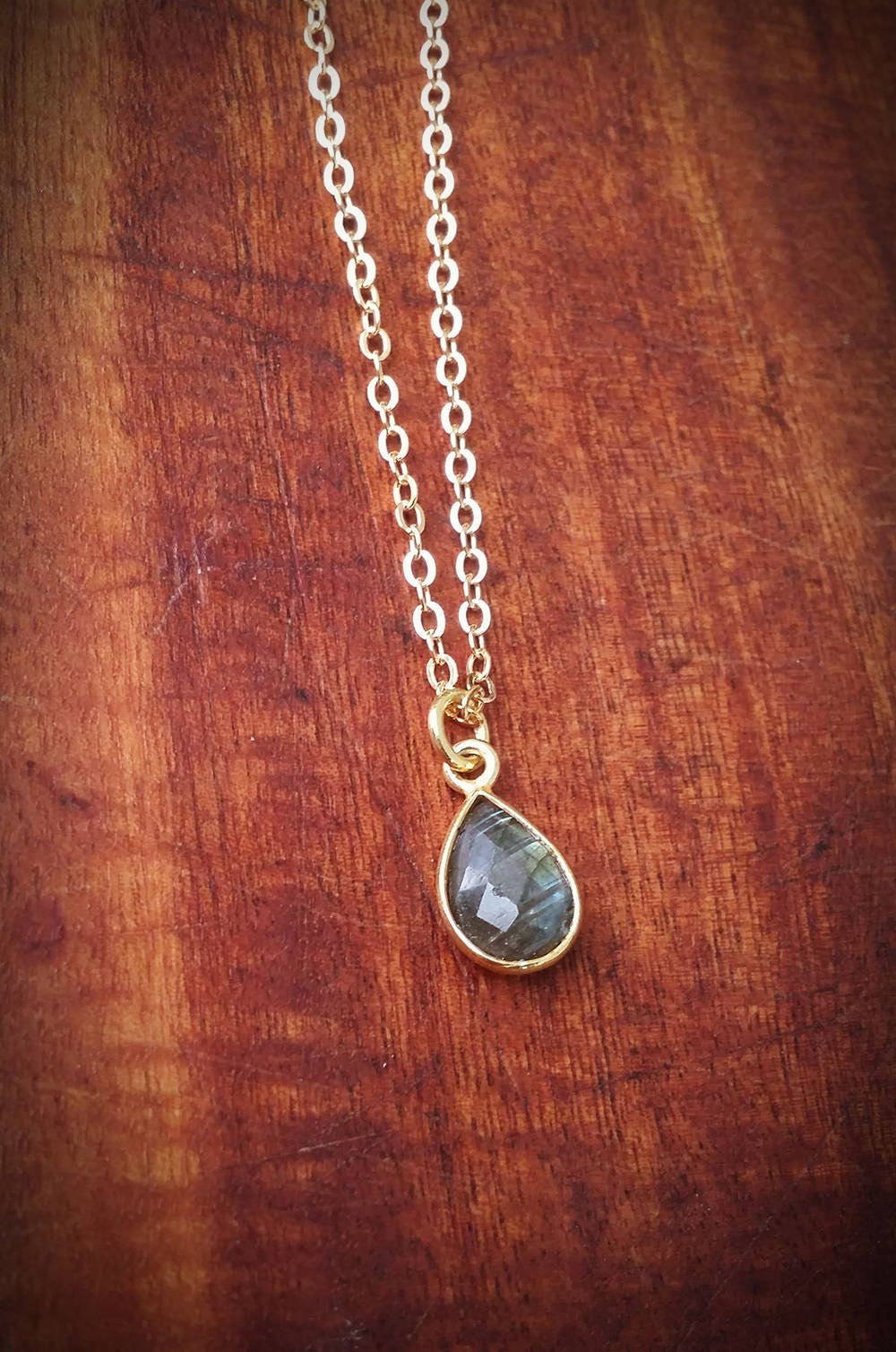 16" 14k Gold Filled Chain with Bezeled Labradorite Teardrop Pendant