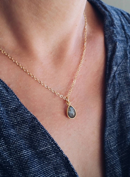 16" 14k Gold Filled Chain with Bezeled Labradorite Teardrop Pendant