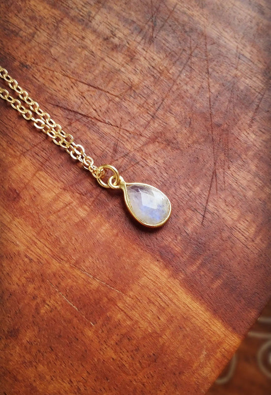 16" 14k Gold Filled Chain with Bezeled Moonstone Teardrop Pendant