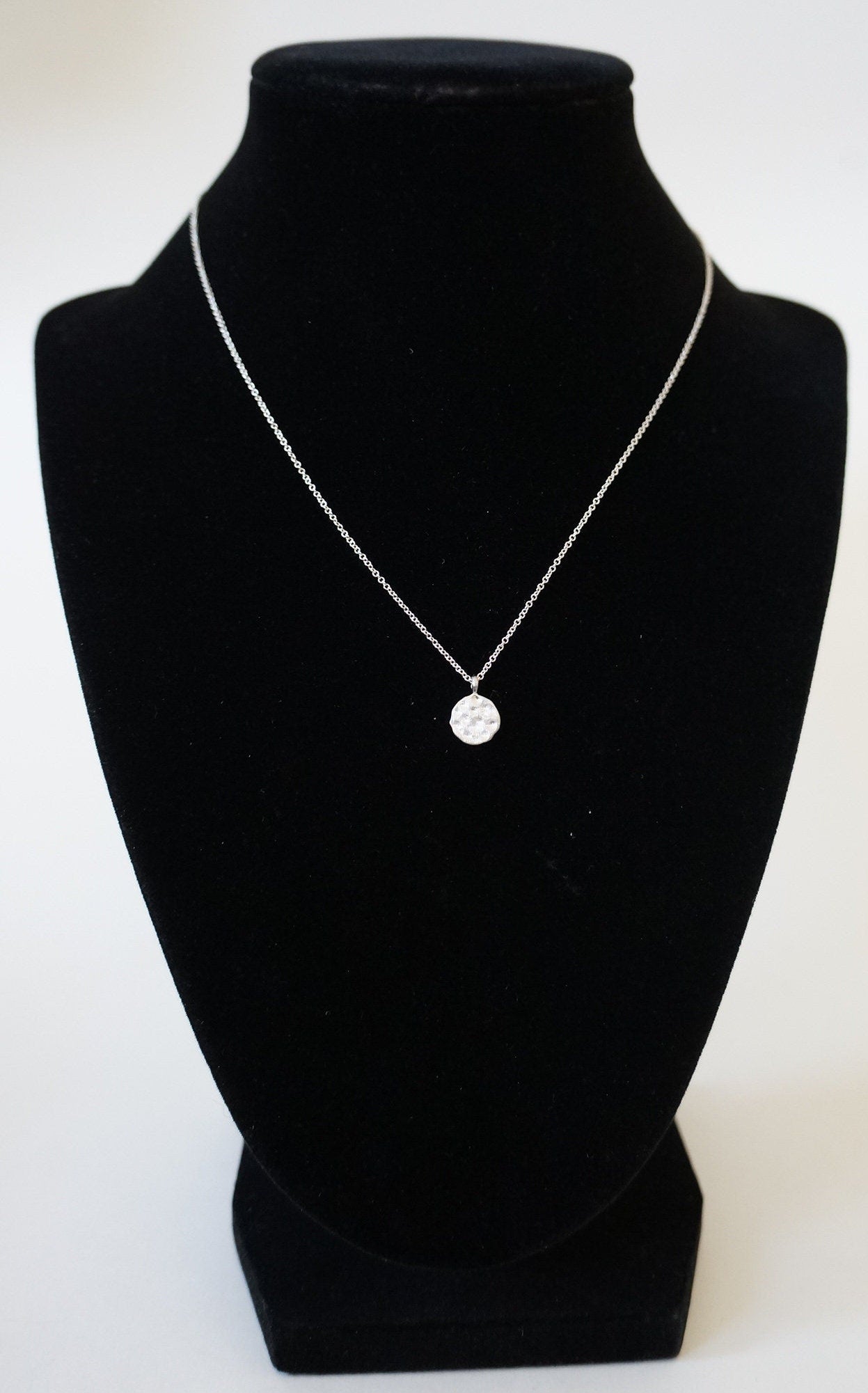 16" Hammered Circle (8mm) pendant on fine Sterling Silver Chain Necklace