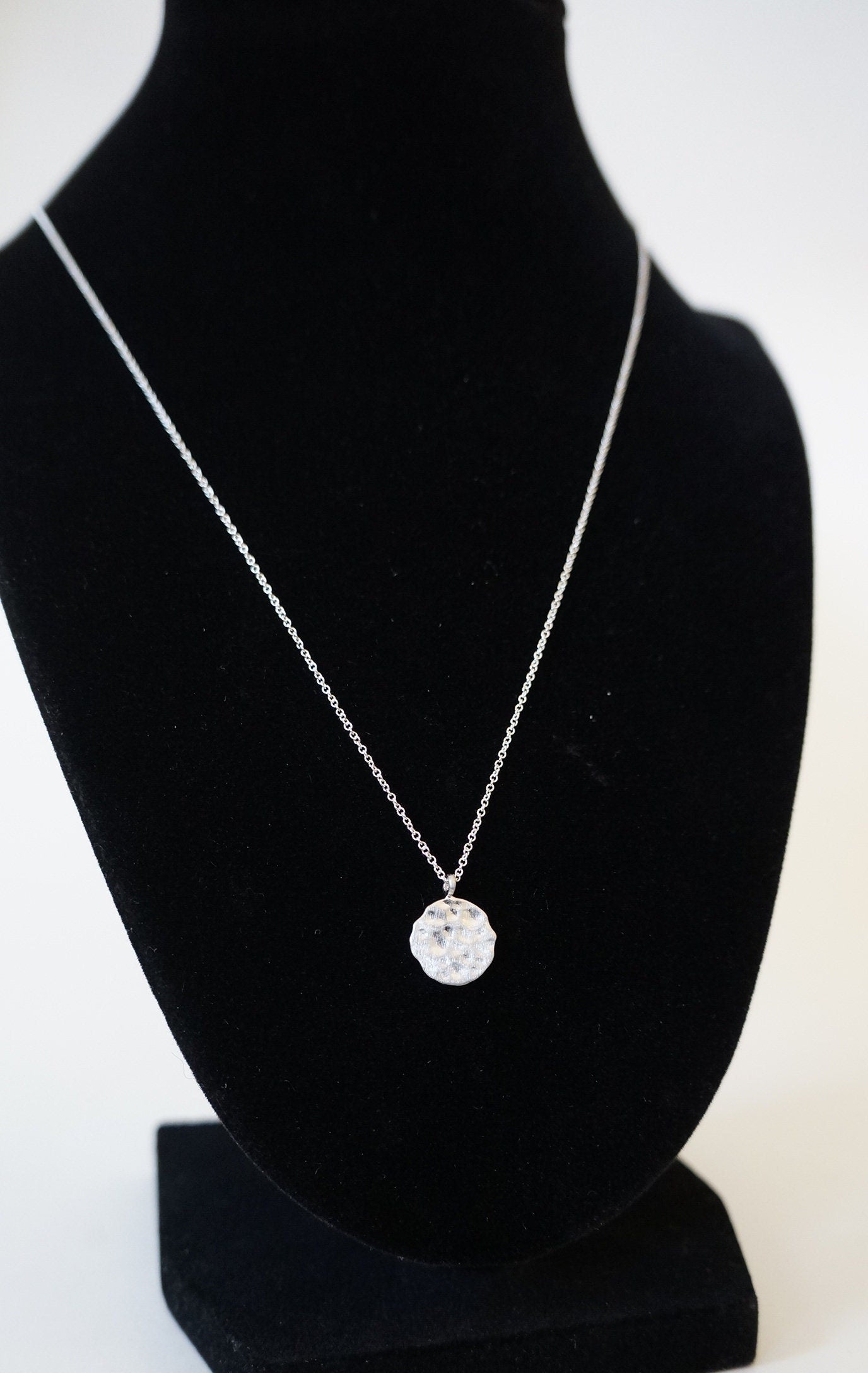 20" Hammered Circle Pendant (10mm) on fine Sterling Silver Chain Necklace