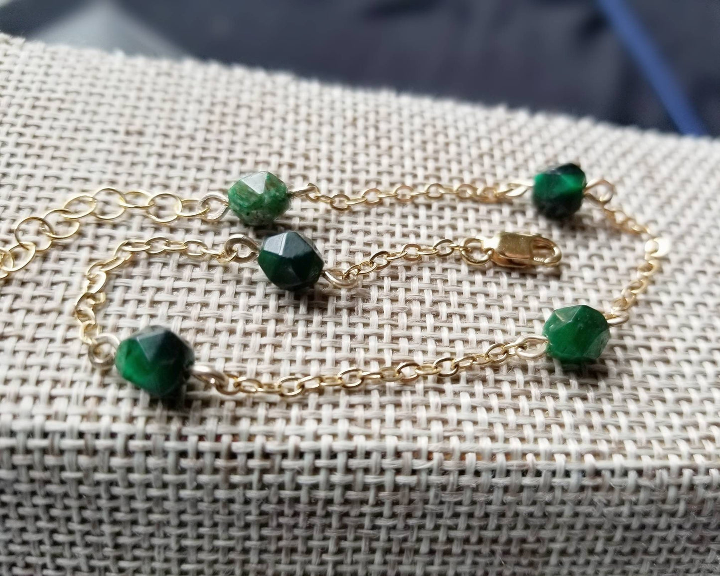 Green Stone "Tuileries" bracelet with 14k Gold Filled chain Green Tigers Eye