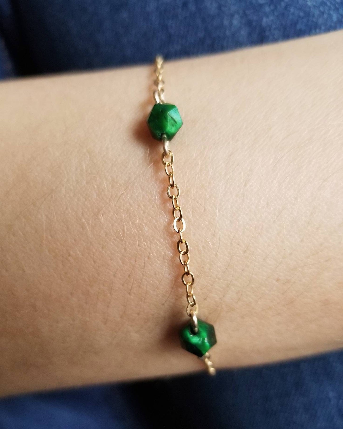 Green Stone "Tuileries" bracelet with 14k Gold Filled chain Green Tigers Eye