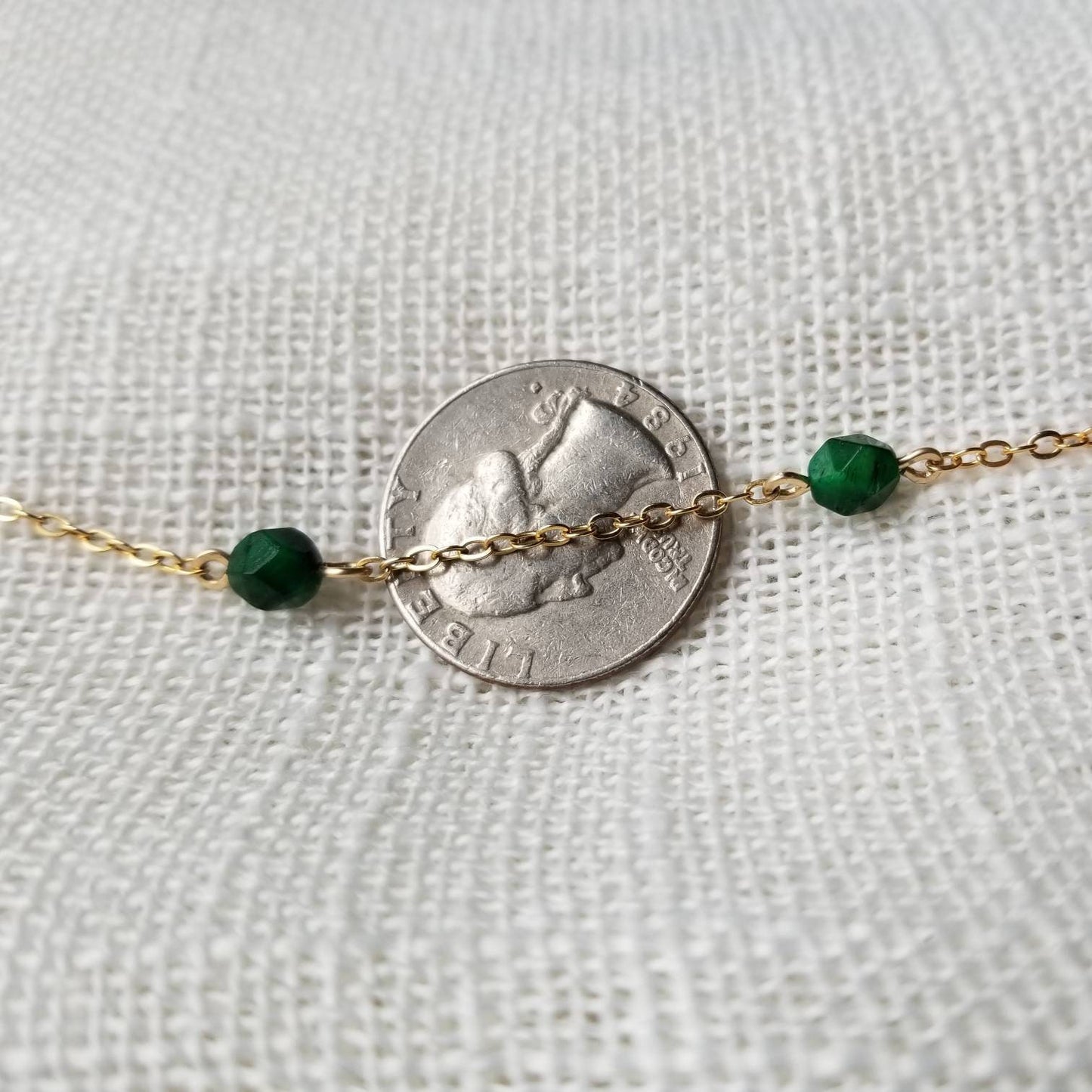 Green Stone "Tuileries" bracelet with 14k Gold Filled chain Green Tigers Eye