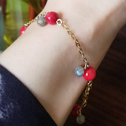 Red Coral "Monceau" bracelet with 14k Gold Filled chain with Blue Labradorite