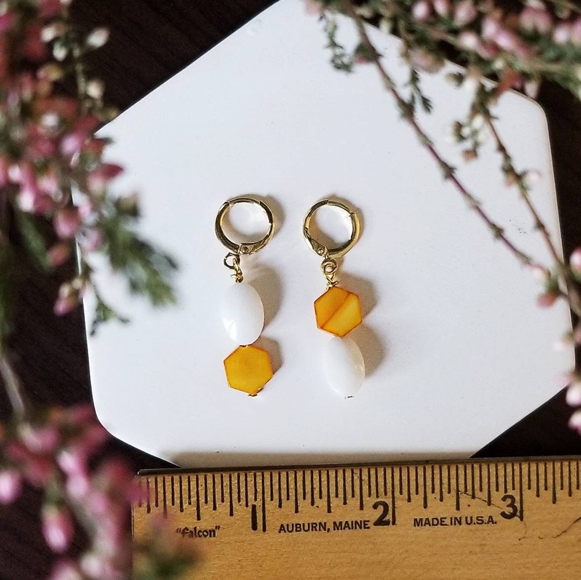 Asymmetrical Shell and Glass Drop Earrings in Yellow White and 14k Gold Filled Ear Clasps