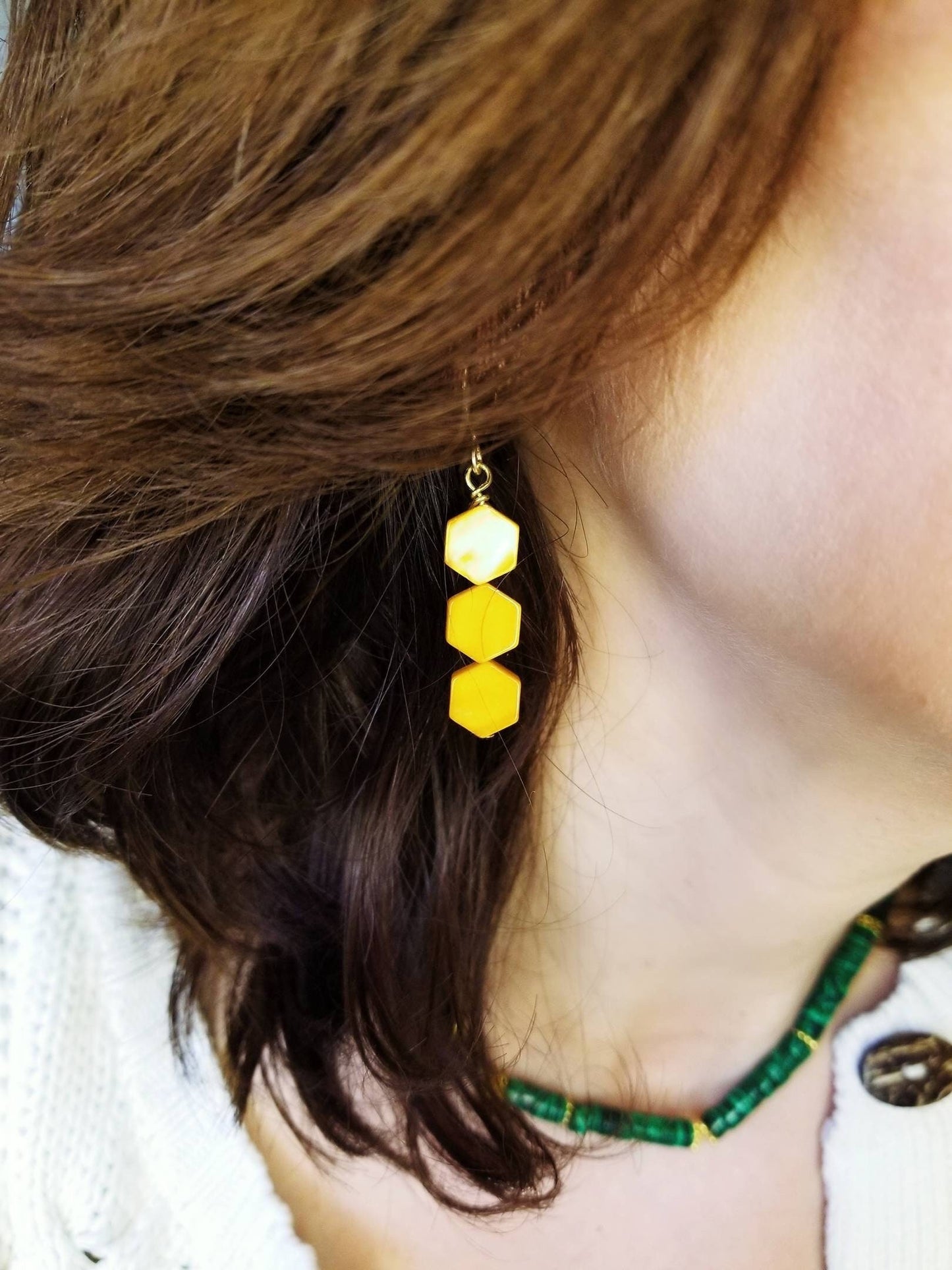 Hexagon Yellow Shell Drop Earrings with 14k Gold Filled Ear Wires - "Martin" Dangle Earrings Minimal Unique Geometric Colorful Bold