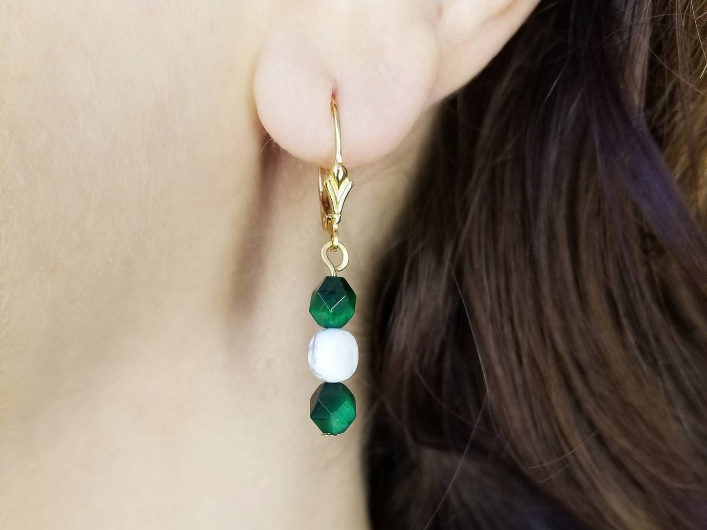 Green and White Drop Earrings in Tiger's Eye and Howlite 14k Gold Filled Ear Clasps - "Tuileries" Dangle Earrings