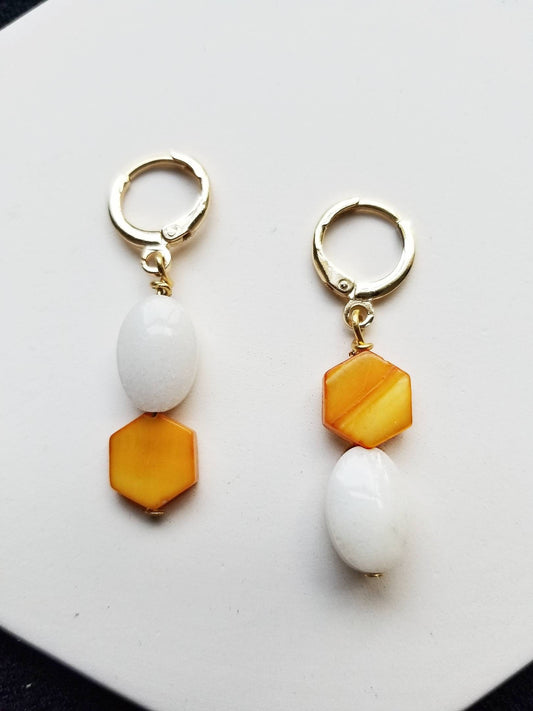 Asymmetrical Shell and Glass Drop Earrings in Yellow White and 14k Gold Filled Ear Clasps