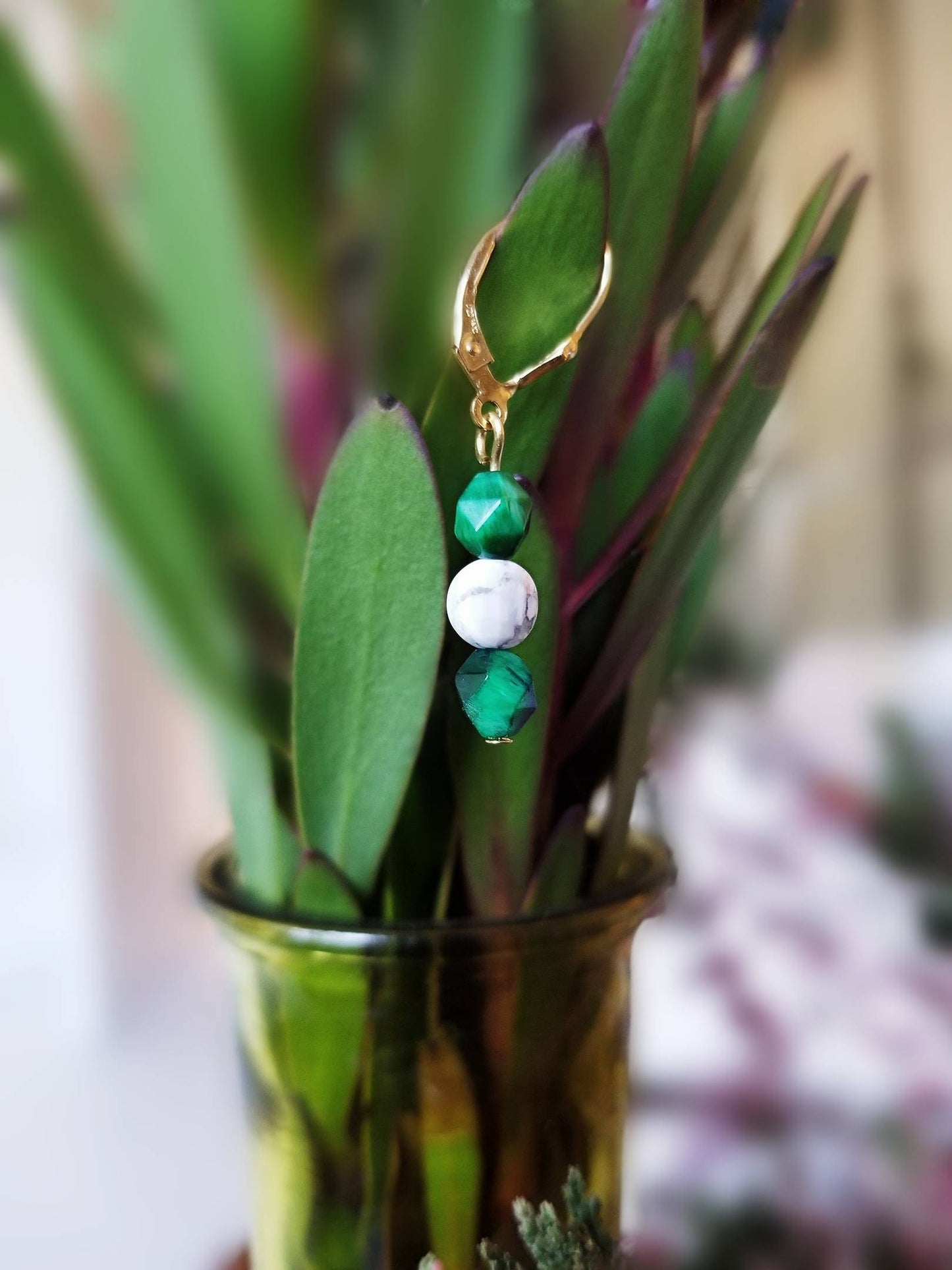 Green and White Drop Earrings in Tiger's Eye and Howlite 14k Gold Filled Ear Clasps - "Tuileries" Dangle Earrings