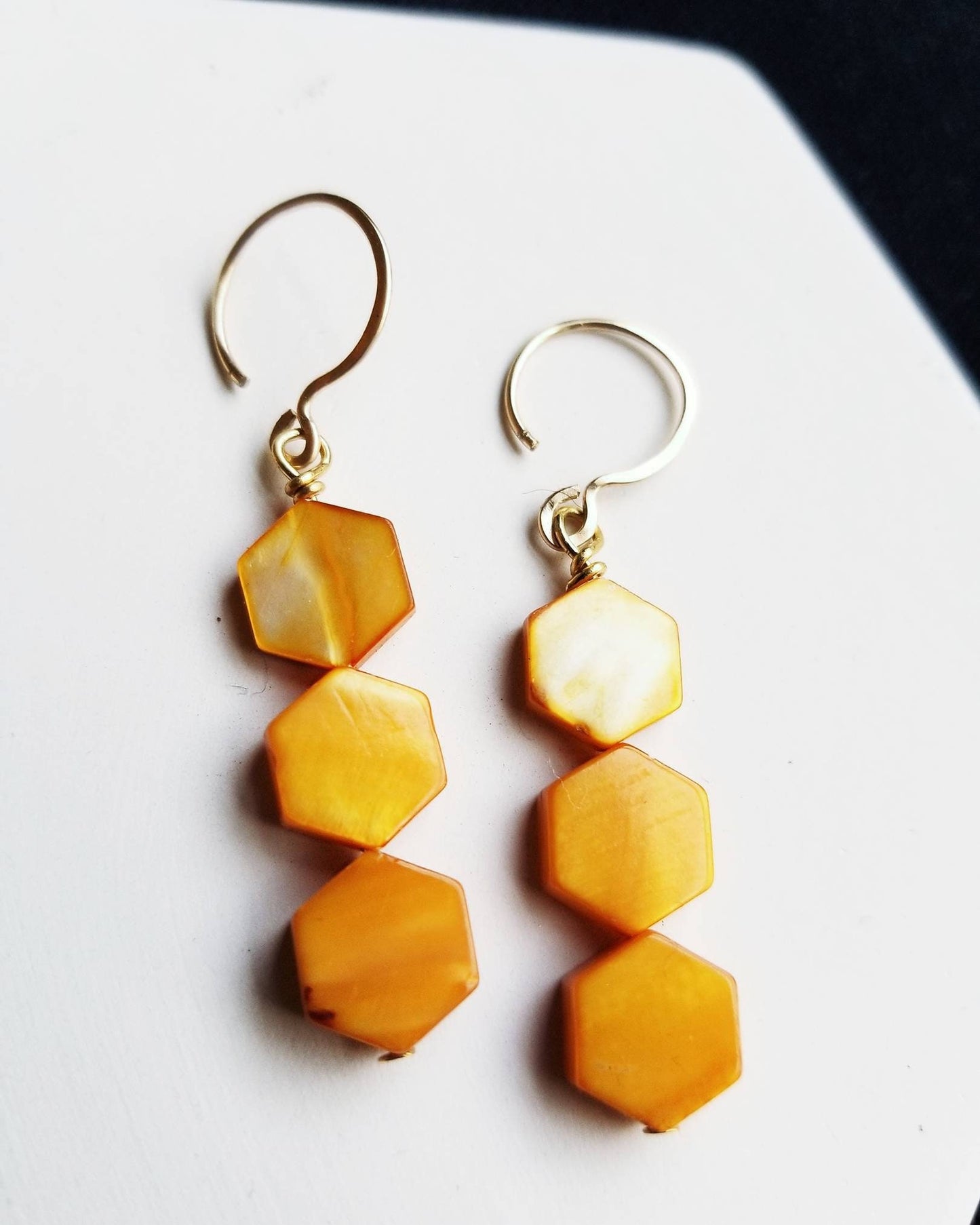 Hexagon Yellow Shell Drop Earrings with 14k Gold Filled Ear Wires - "Martin" Dangle Earrings Minimal Unique Geometric Colorful Bold