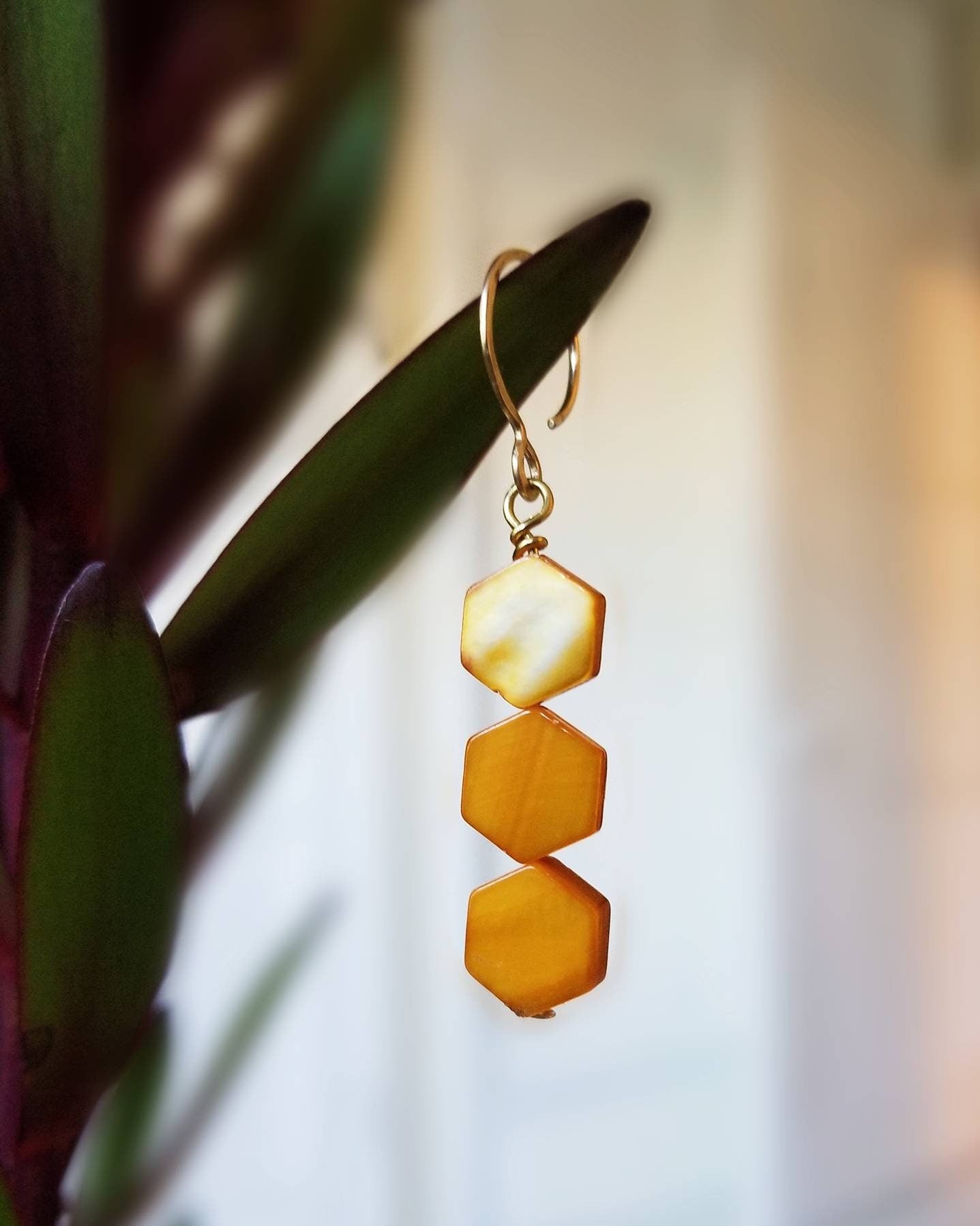 Hexagon Yellow Shell Drop Earrings with 14k Gold Filled Ear Wires - "Martin" Dangle Earrings Minimal Unique Geometric Colorful Bold