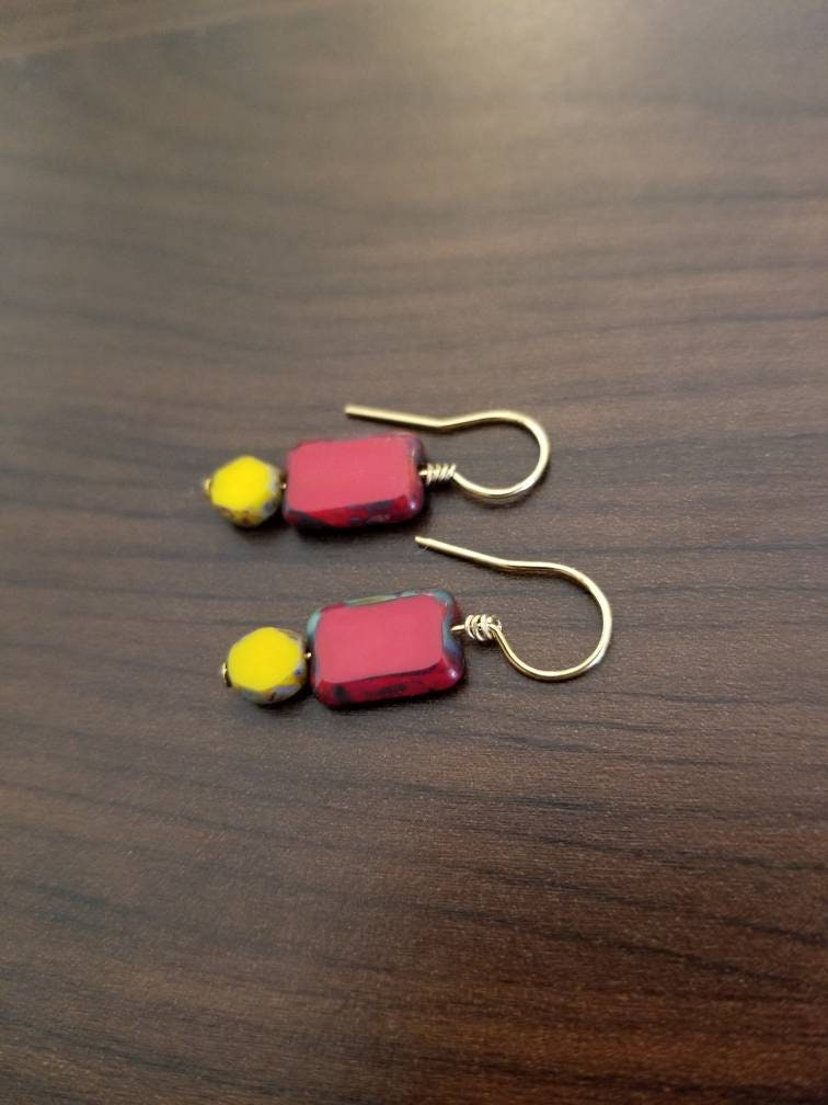 Mondrian Red and Yellow glass earrings in 14k gold plated