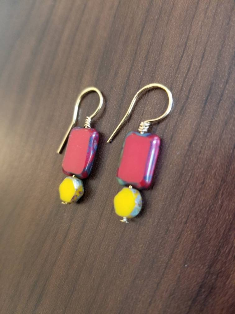 Mondrian Red and Yellow glass earrings in 14k gold plated