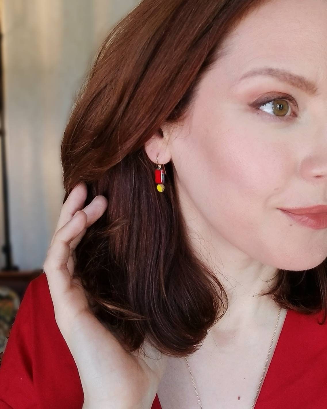 Mondrian Red and Yellow glass earrings in 14k gold plated