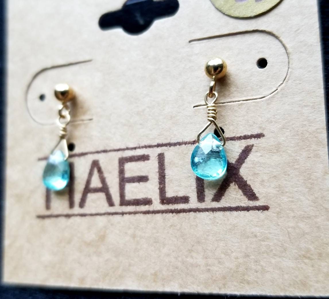 Chelle Blue Topaz Gemstone Dangle Earrings, Tiny Delicate Faceted Teardrops. 14k gold filled posts