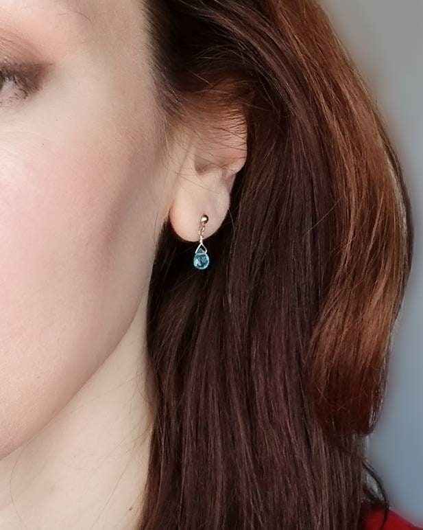 Chelle Blue Topaz Gemstone Dangle Earrings, Tiny Delicate Faceted Teardrops. 14k gold filled posts