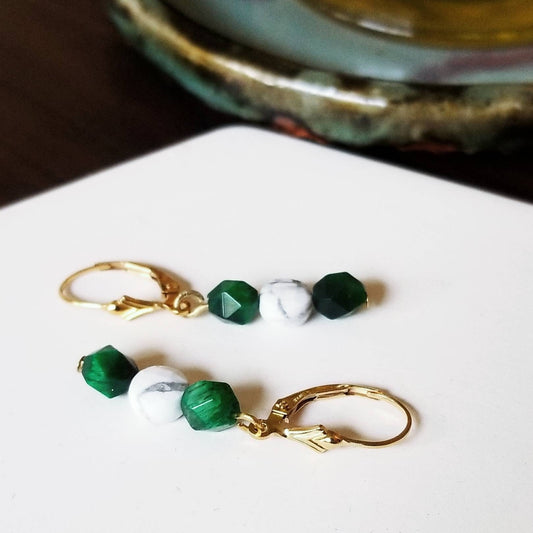 Green and White Drop Earrings in Tiger's Eye and Howlite 14k Gold Filled Ear Clasps - "Tuileries" Dangle Earrings