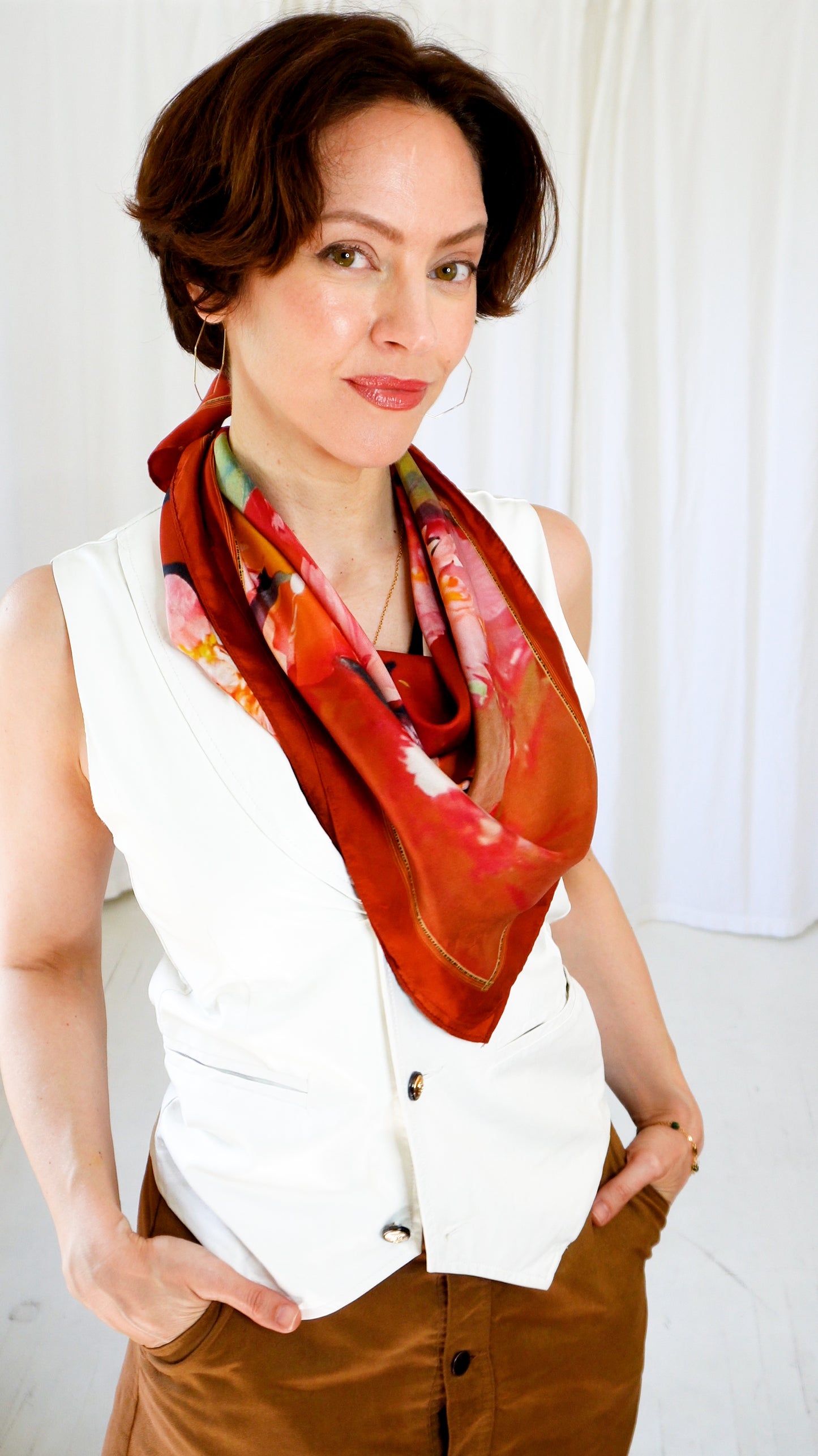 Mari 100% Red Floral Silk Scarf 30 inch